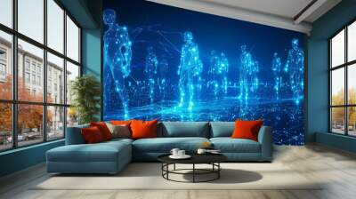 Futuristic digital human figures connected by blue light nodes, representing technology, innovation, and artificial intelligence in a virtual network. Wall mural