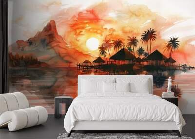 Island Sunrise A watercolor illustration of a serene Polynesian island at sunrise Wall mural