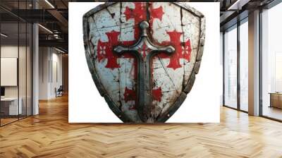 Medieval knight's shield with a red cross emblem, weathered and worn from battle. Symbol of protection and chivalry. Wall mural