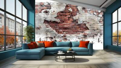 Old weathered brick wall with peeling plaster revealing the red bricks underneath, perfect for urban decay and vintage backdrop designs. Wall mural