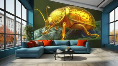 Photo of a golden scarab beetle on a green leaf. The scarab is facing the camera. Wall mural