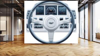 Stylish steering wheel with advanced dashboard displays for modern vehicles, showcasing high-tech automotive features, white background Wall mural