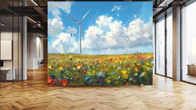 Vibrant landscape with wind turbines and colorful wildflowers under a bright blue sky filled with fluffy clouds. Wall mural