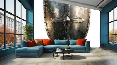 Vintage medieval shield with a cross symbol, battered and weathered metal, representing history and protection. Wall mural