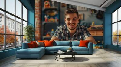  Excited young man playing lego toys Wall mural