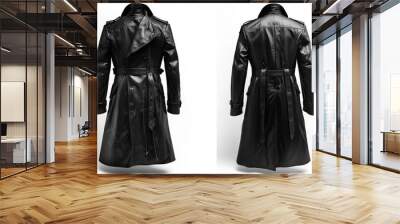 clothing, a photo of a black leather classic extra long trench jacket on white background with the front and back of the jacket shown side by side Wall mural