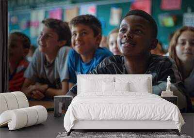 students in classroom, a children different ethnicities exciting and learning about the sport of football. they all look happy and engaged in the class activity, blurred background. Wall mural