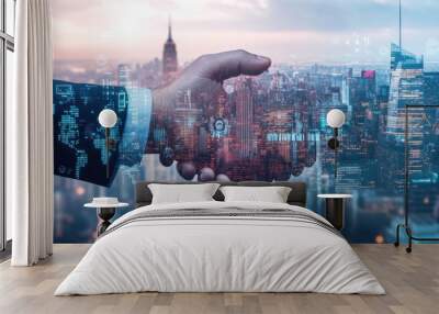 Businessman's hands shaking hands, success in business deals, blurred new york city background, business information concept. Wall mural