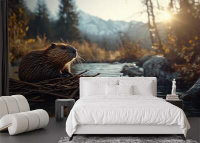 Close-up of a beaver sitting on a dam made of small branches blocking a natural stream. Clear water, mountain landscape, soft sunlight. Wall mural