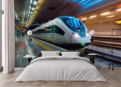 Fast-moving high-speed passenger trains highlight the concept of modern railway transportation. Blurry effect. Wall mural