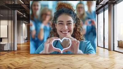 Female doctor making hand drawn heart shape looking at camera smiling happily Blurred background of a team of nurses in a hospital Wall mural