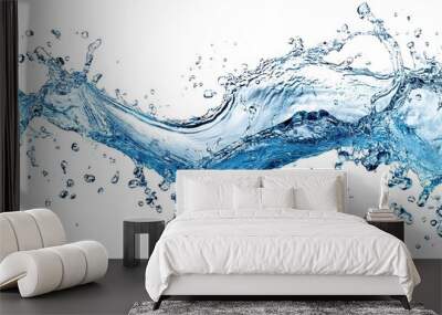 Dynamic water splash with isolated white background, High-speed capture of a dynamic water splash in mid-air, showcasing fluid motion and droplets against a white background.
 Wall mural