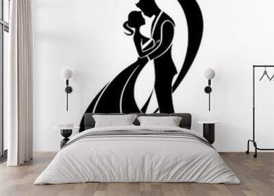 Elegant bride and groom silhouette illustration, Stylized black and white illustration of a bride and groom embracing, capturing the elegance and romance of a wedding in a minimalist silhouette desig
 Wall mural