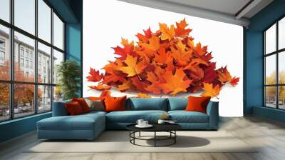 Pile of Vibrant Autumn Leaves on White Background, A colorful pile of autumn leaves featuring various shades of red, orange, and yellow, isolated on a white background.

 Wall mural