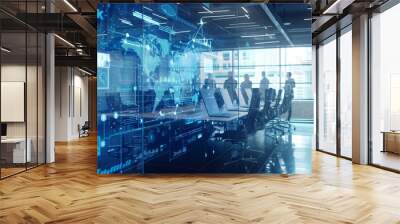 A conference room with employees engaging in a virtual meeting with global partners, symbolizing the global connectivity enabled by digital transformation Wall mural