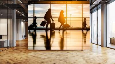 A family at the airport, ready to board their flight with travel insurance documents in hand, capturing the assurance and preparation needed for a worry-free vacation Wall mural