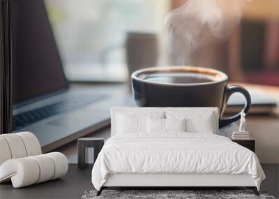 A steaming cup of black coffee on a minimalist desk, surrounded by a laptop and notebook, symbolizing focus, productivity, and the fuel that powers creative minds Wall mural