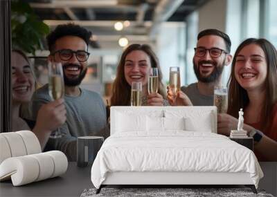 A team of entrepreneurs celebrating their first product launch, with champagne glasses raised in a modern office space, capturing the joy of startup milestones Wall mural