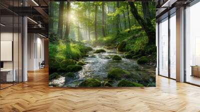 A tranquil forest stream meandering through a verdant forest, with sunlight filtering through the canopy and illuminating the moss-covered rocks Wall mural