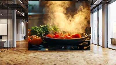 A vibrant kitchen scene with fresh vegetables, sizzling pans, and steam rising, capturing the excitement and creativity of cooking a homemade meal from scratch Wall mural