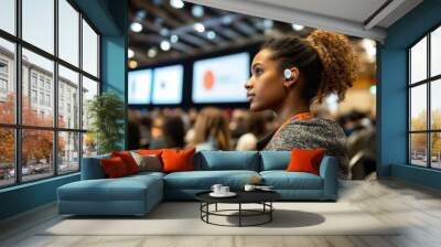 A young professional with a hearing aid attentively listens to a keynote speaker at a conference, the hall filled with attendees and large presentation screens Wall mural