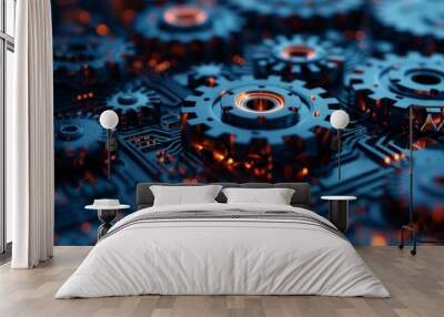 Abstract illustration of gears turning into digital circuits, showcasing the process of digital transformation Wall mural