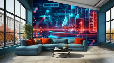 Abstract illustration of laboratory research with futuristic technology and scientific breakthroughs, symbolizing innovation and progress Wall mural