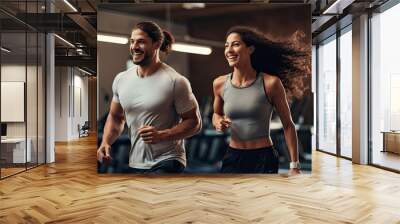 Active scenes of a couple working out together, showcasing the support and motivation in shared fitness activities Wall mural