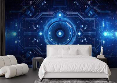 blue tech background with icons and blue wires. Generative AI Wall mural