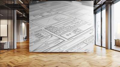 Digital wireframe of a website design, showcasing user interface elements Wall mural