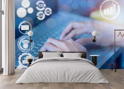 Double exposure of Touching laptop and new icon for modern business with abstract background Wall mural