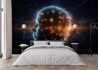 human head with glowing neuron in brain , futuristic and technology concept , Generative AI Wall mural