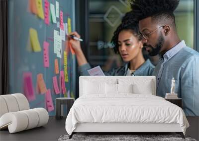 Images illustrating two business people engaged in strategic planning sessions, analyzing data, setting goals, and devising actionable strategies to drive business growth, emphasizing foresight Wall mural