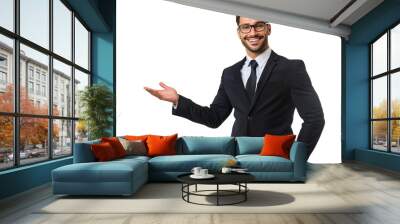 Isolated on white background, a businessman presenting with a smile, holding an open hand, ready to explain or persuade in a business setting Wall mural