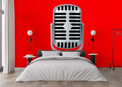 Retro microphone on red background Wall mural