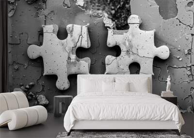 Two puzzle pieces fitting together seamlessly, representing cooperation and harmony Wall mural