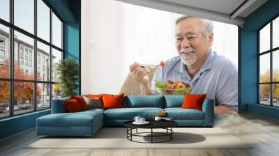 Lifestyle senior man feel happy enjoy eating diet food fresh salad on sofa Wall mural