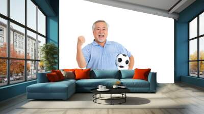 Lifestyle senior man feel happy holding football soccer ball prepare for Cheer team favorite isolated on white background Wall mural