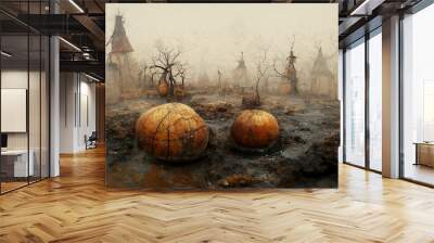 cemetery with pumpkins watercolor illustration for halloween. Illustrations for children's storybooks.Halloween night pictures for wall paper. Wall mural