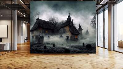 Haunted house with fog on Halloween night.3D illustration.Digital painting. Wall mural