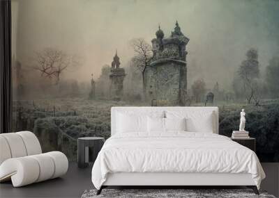 Old cemetery with pumpkins illustration for halloween. Halloween night pictures for wall paper.3D illustration.  Wall mural