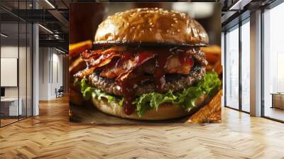 A burger topped with bacon and barbecue sauce, served with sweet potato fries and a cold drink. Wall mural