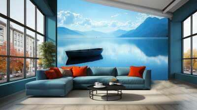 A calm blue lake reflecting the sky and mountains, with a small boat floating peacefully in the distance. Wall mural