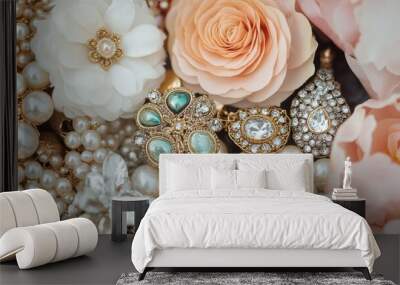 A chic collection of vintage brooches, elegant gold pendants, and pearl earrings, arranged with soft flowers for a feminine touch. Wall mural