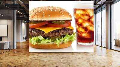 A classic cheeseburger with a juicy patty, lettuce, tomato, and pickles, served alongside an iced soda. Wall mural