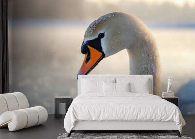 A close-up of a mute swans elegant neck and head, with the icy surface of a frozen lake in the background, showcasing the serene beauty of winter wildlife. Wall mural