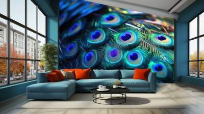 A close-up of a peacocks tail feathers, showcasing the vibrant blues, greens, and purples in a mesmerizing pattern. Wall mural