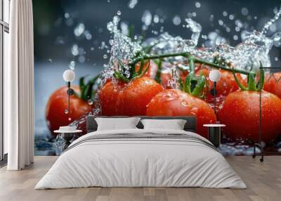 A close-up of water splashing over a bunch of fresh tomatoes, highlighting their natural freshness and vibrant color Wall mural