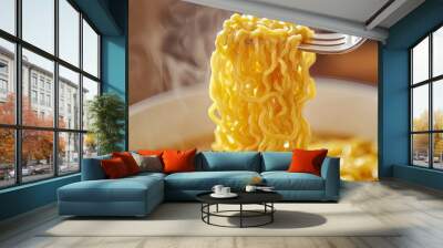 A close-up shot of a fork lifting a tangle of instant noodles from a bowl, with steam rising from the hot broth. Wall mural