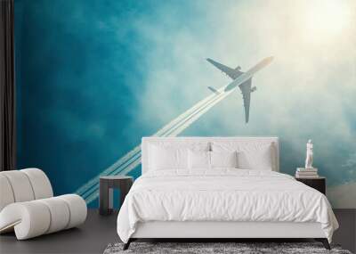 A jet plane leaving a trail of vapor as it cuts through a bright, clear sky on a sunny day. Wall mural